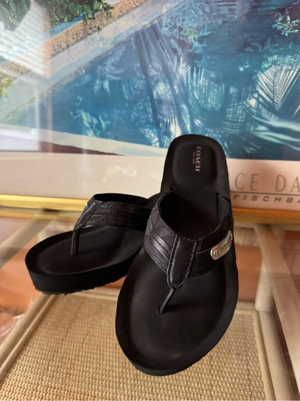 Coach Black Wedge Flip Flop Sandals Size 8B Logo Hardware